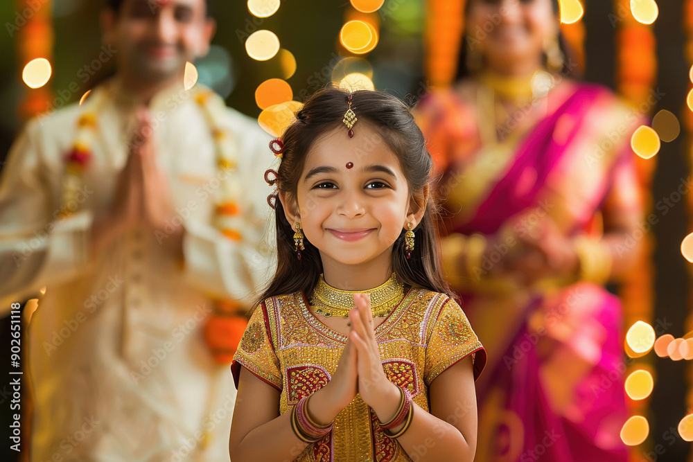 little girl in traditional Indian attire, smiling and holding her hands together with parents standing behind showing expressions of pride. little girl in traditional Indian attire, smiling and holding her hands together with parents standing behind showing expressions of pride.