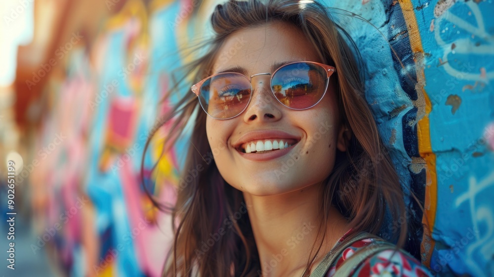 Beautiful modern girl with a big smile, posing in front of a colorful graffiti wall. Beautiful modern girl with a big smile, posing in front of a colorful graffiti wall.