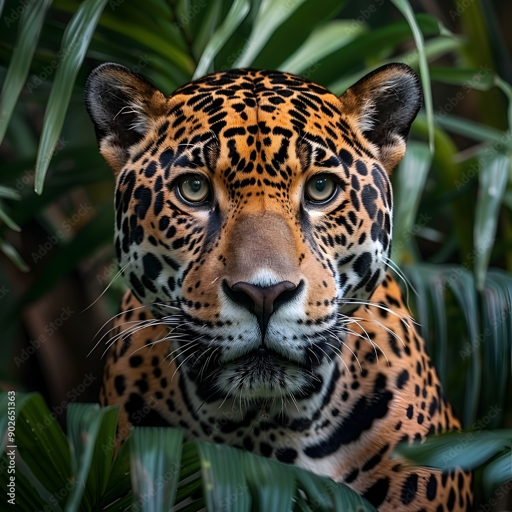 Fototapeta premium Fierce Jaguar Prowling in the Amazon Rainforest Intense Stare and Powerful Presence