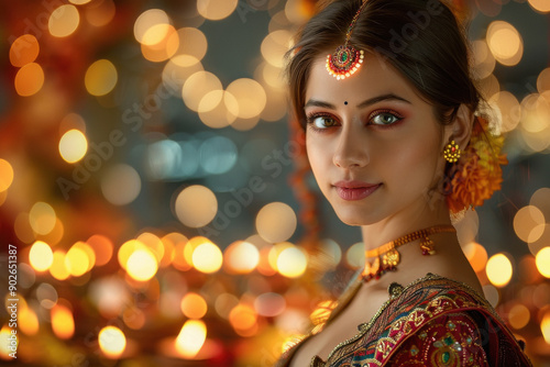 young indian woman holding oil lamp on diwali festival