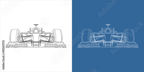 racing car line art draw blueprint wireframe from front view. isolated on transparent background