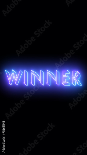 Winner text animation in vertical high resolution. Easy to put into any video. Neon-colored Winner text with a glowing moving outline on a dark background. Technology video material animation.