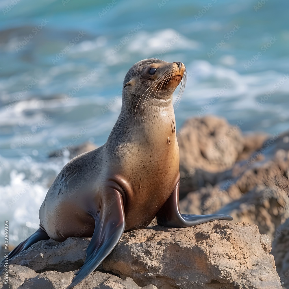 Fototapeta premium Playful Sea Lion Basking on Rocky Coastal Shore with Crashing Ocean Waves