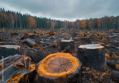 A once lush forest reduced to a field of stumps, with remnants of felled trees and debris littering the ground photo