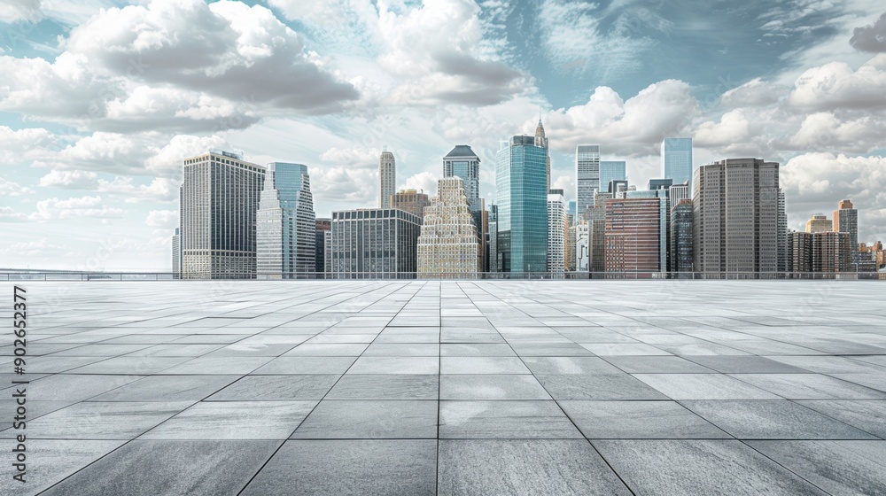 Stunning cityscape with modern skyscrapers under a cloudy sky, viewed from a spacious, empty tiled urban plaza. Stunning cityscape with modern skyscrapers under a cloudy sky, viewed from a spacious, empty tiled urban plaza.