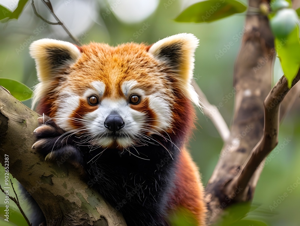 Fototapeta premium Adorable Red Panda Perched on Tree Branch in Lush Green Forest Habitat with Curious Expression