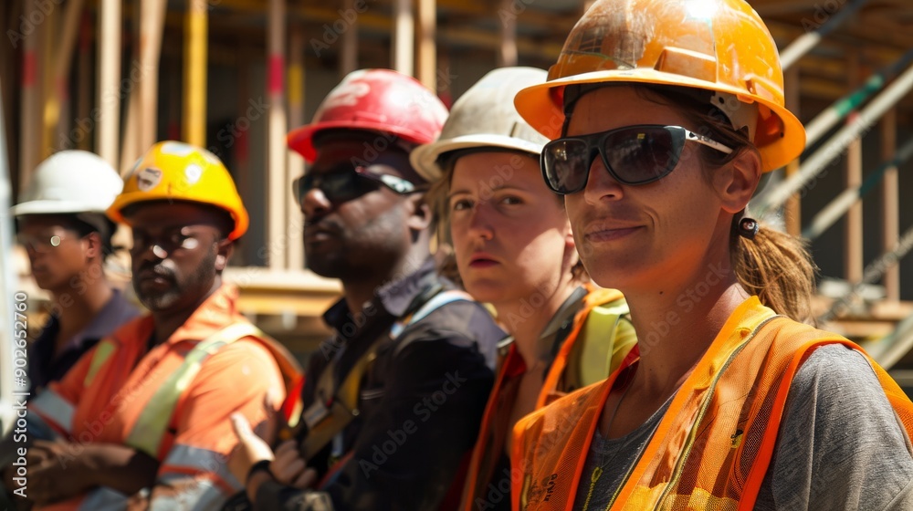 Obraz premium A diverse construction crew with a female foreman on a building site