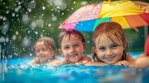 Under a colorful umbrella, a family of small children sought shelter from raindrops. Summertime getaway in a floating outdoor swimming pool, Generative AI.