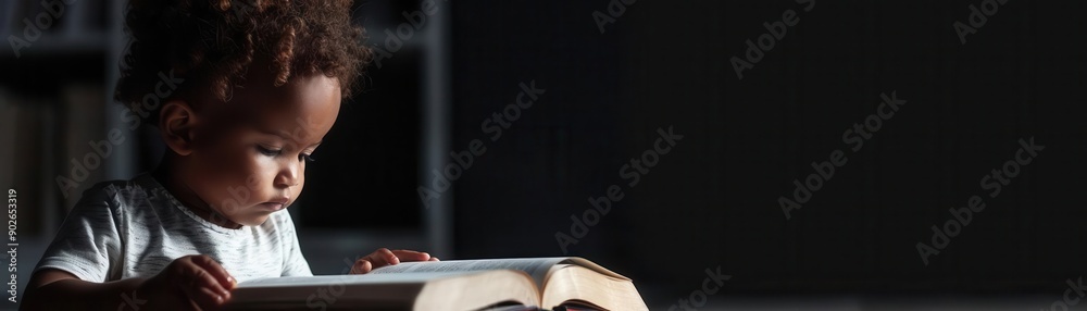 A curious toddler attentively reading a large book in a dimly lit room, showcasing early learning and childhood curiosity. A curious toddler attentively reading a large book in a dimly lit room, showcasing early learning and childhood curiosity.