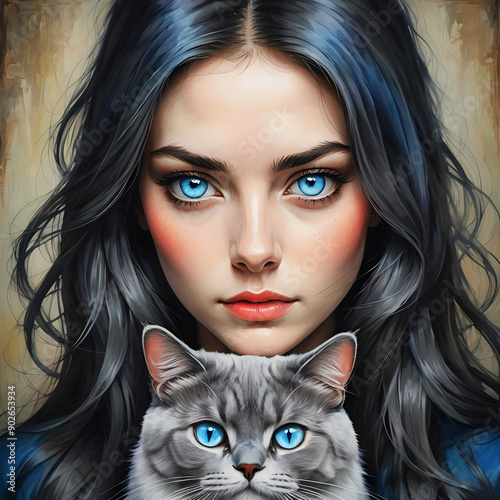 Dark long hair girl with blue eyes with her cat a brittish grey cat with blue eyes portrait photo