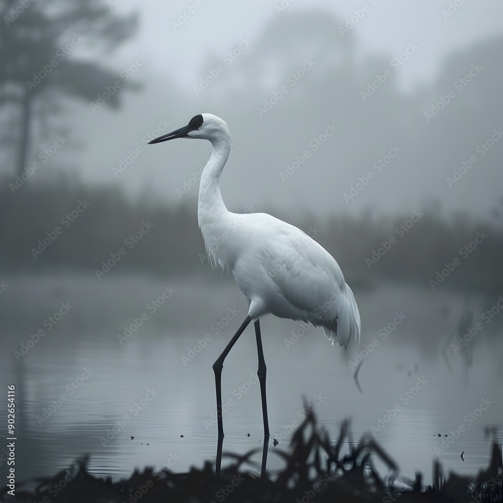 Elegant Crane Wading in Misty Wetland Landscape with Serene Pose