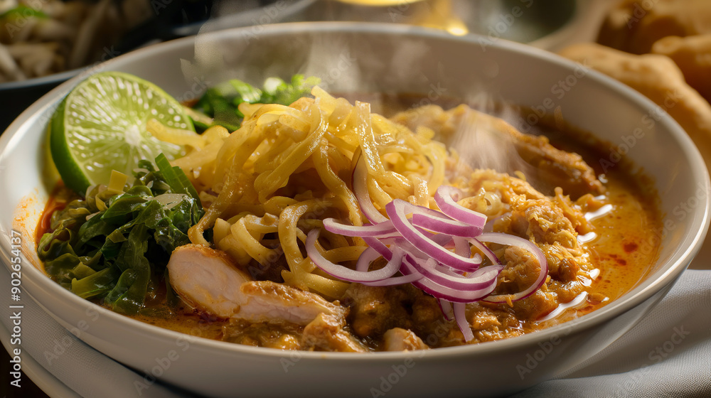 A steaming bowl of Khao Soi, rich coconut curry broth, crispy and soft noodles, tender chicken, garnished with lime, pickled mustard greens, and red onions, set against the backdrop of a traditional A steaming bowl of Khao Soi, rich coconut curry broth, crispy and soft noodles, tender chicken, garnished with lime, pickled mustard greens, and red onions, set against the backdrop of a traditional