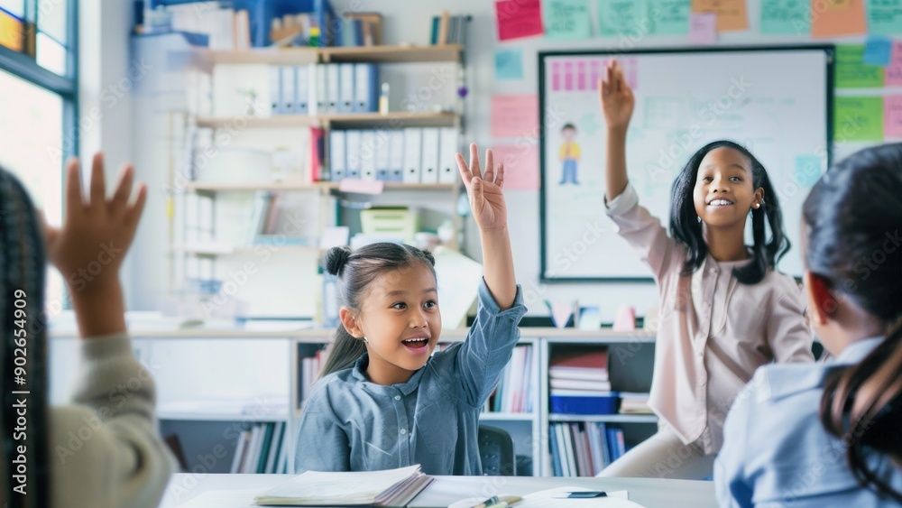 Obraz premium Diverse Classroom with Students Raising Hands