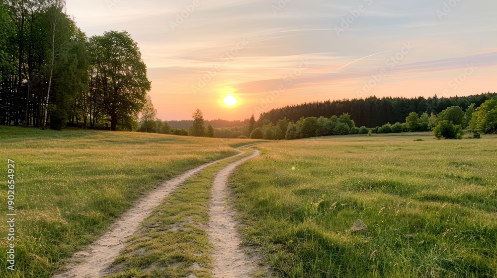 Peaceful sunset over a field with trees and a winding dirt path, capturing the essence of a tranquil evening Peaceful sunset over a field with trees and a winding dirt path, capturing the essence of a tranquil evening