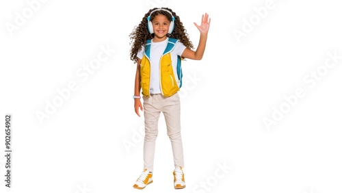 Curly-haired girl with headphones and backpack waving