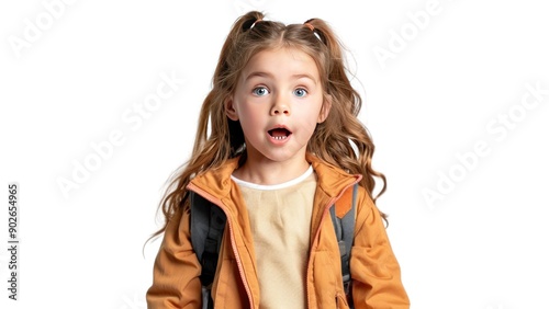 Surprised Girl with Backpack on White Background