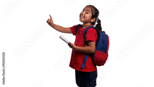 Happy girl with backpack pointing up