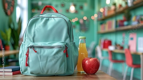 Green backpack with apple and juice