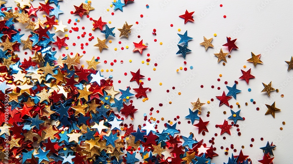 Festive Star-Shaped Confetti in Red, Blue, and Gold on White Background for Celebratory Events Festive Star-Shaped Confetti in Red, Blue, and Gold on White Background for Celebratory Events