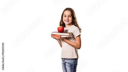 Smiling girl holding books with apple on top
