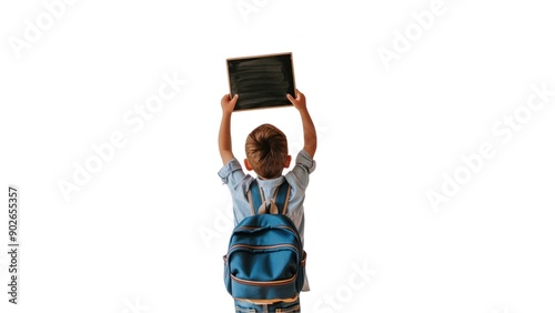 Boy holding chalkboard with backpack