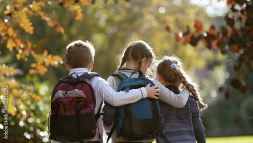 Three kids with backpacks walking outdoors