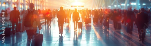 A blurred photo shows many business people walking in an airport, with blurred motion and sunlight. An abstract concept banner depicts travel, trips or journeys to the office.