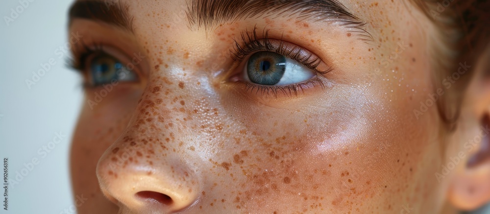 Close-Up of a Freckled Face with Blue Eyes and Natural Makeup in Soft Lighting Close-Up of a Freckled Face with Blue Eyes and Natural Makeup in Soft Lighting