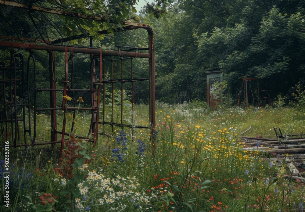 A forgotten playground with abandoned, rusty monkey bars and a thick blanket of weeds and wildflowers A forgotten playground with abandoned, rusty monkey bars and a thick blanket of weeds and wildflowers
