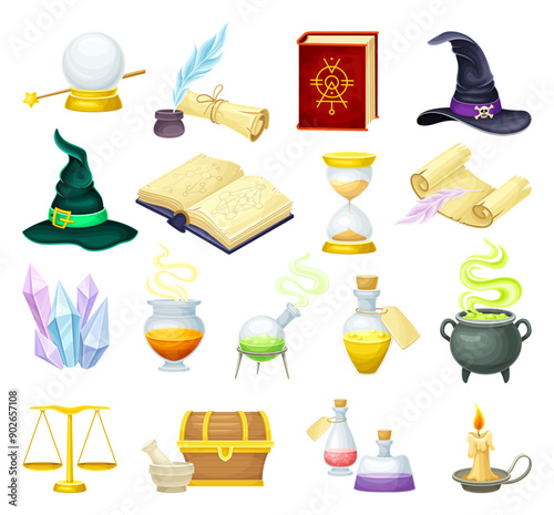 Magic Object and Item with Witch Hat, Potion, Cauldron, Crystal Ball and Spell Book Vector Set