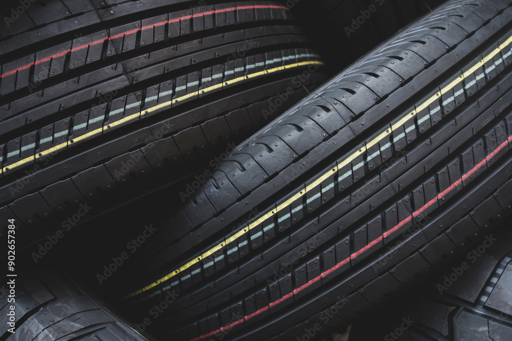 New tire on the tire storage in the tire factory. Be prepared for vehicles that need to change tires. New tire on the tire storage in the tire factory. Be prepared for vehicles that need to change tires.