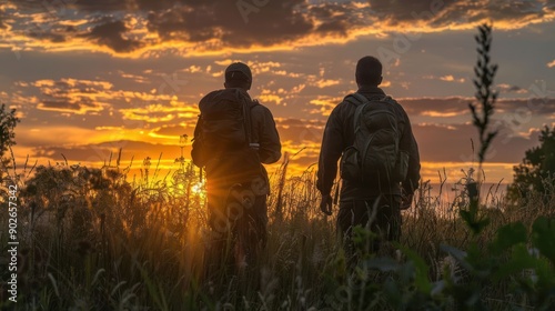 Two men are standing in a field at sunset, one of them is wearing a backpack photo