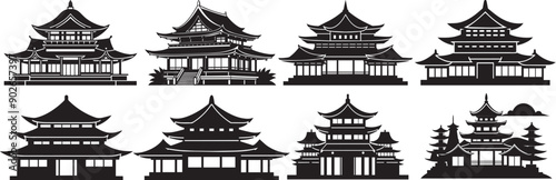 Set of traditional Japanese houses. Hand drawn vector illustration	