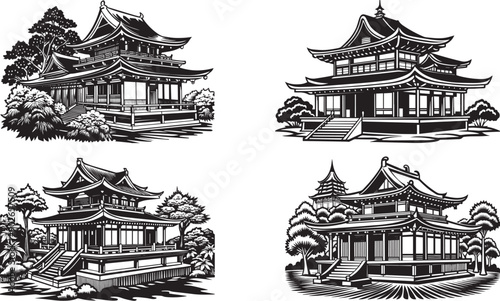 Set of traditional Japanese houses. Hand drawn vector illustration	