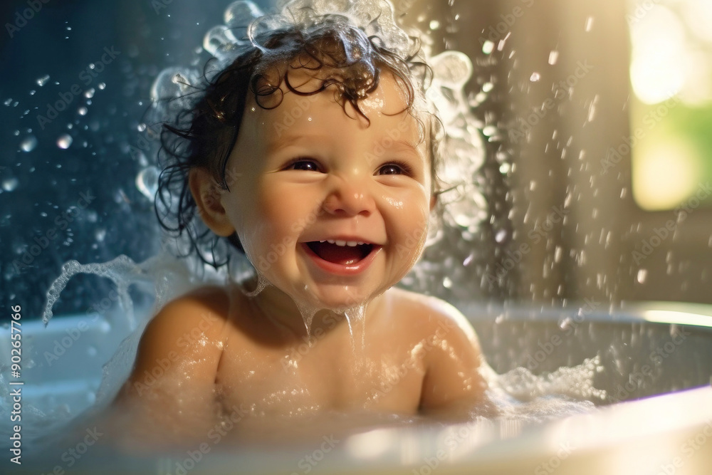 Portrait of happy smiling satisfied baby taking a bath with splashing water drops