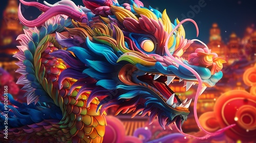 Colorful chinese new year traditional dragon portrait. Neural network ai generated art