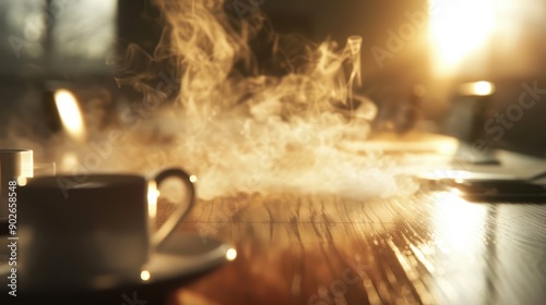 Morning Sunlight on Coffee Cups and Steam on Wooden Table