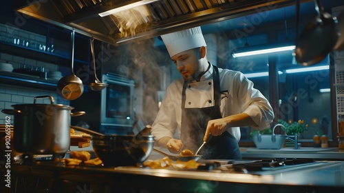 A male chef in a professional kitchen cooks food on a stovetop.