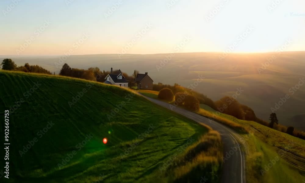 A tranquil countryside with rolling hills and a winding road. A tranquil countryside with rolling hills and a winding road.