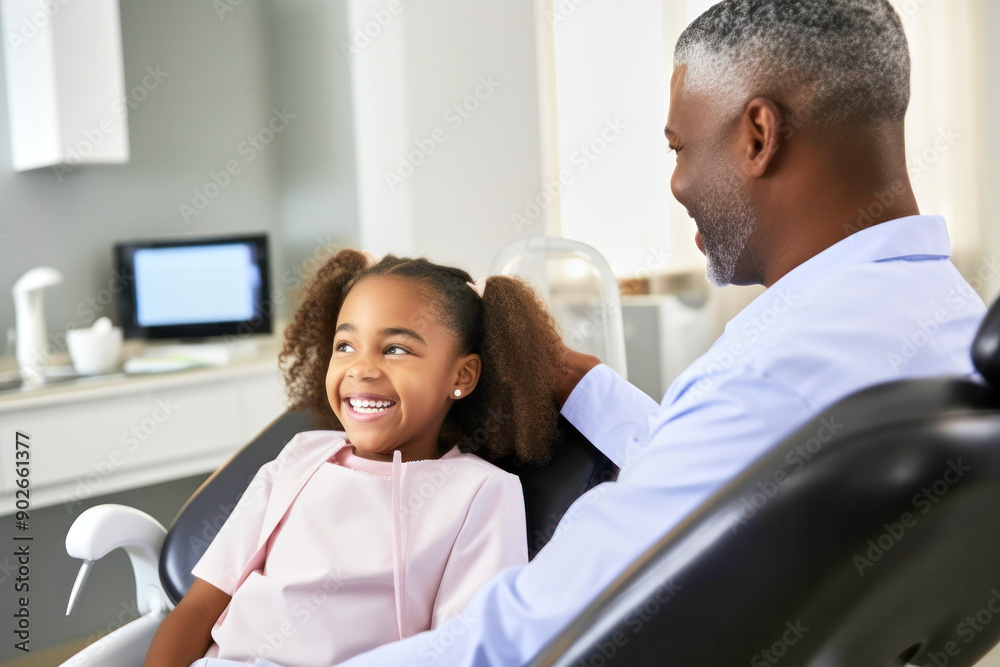 Smiling cute afro black girl at a pediatric dentist appointment Smiling cute afro black girl at a pediatric dentist appointment