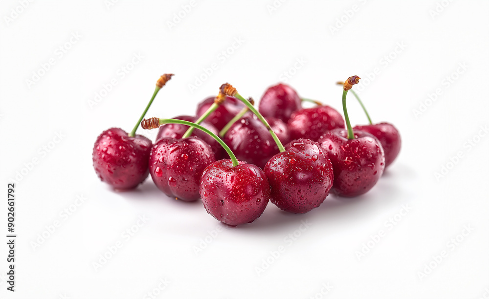 Fresh Red Cherries with Stems and Water Droplets on White Background Fresh Red Cherries with Stems and Water Droplets on White Background