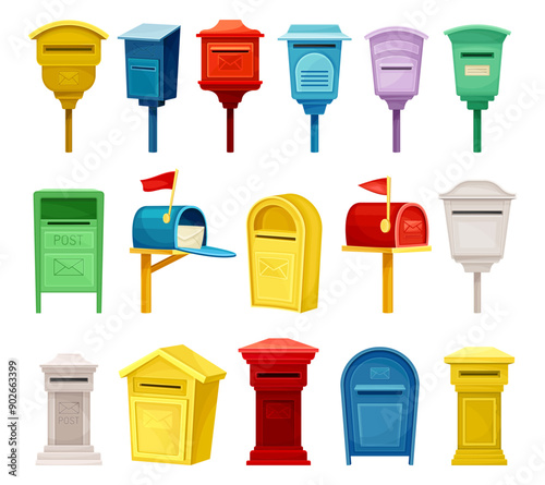 Mailbox and Postal Letterbox with Letter and Envelope Slot Vector Set