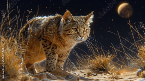 A Wildcat Strolling Under the Night Sky