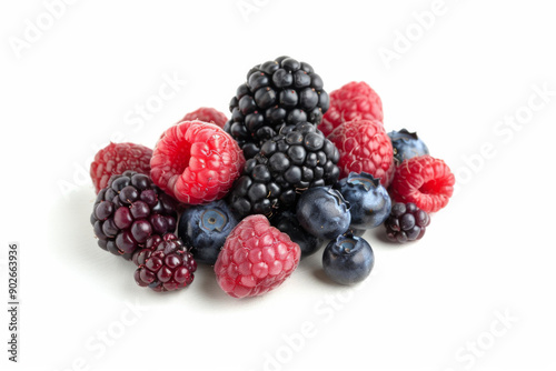 Wild berry mix, raspberries, blueberries, blackberries isolated on white background, Hasselblad camera, perfect background