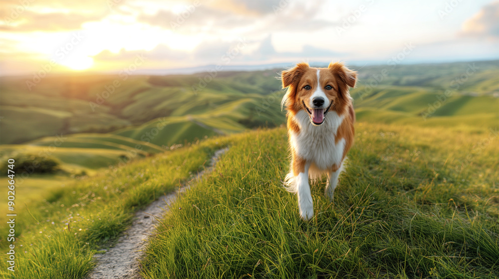 Joyful Border Collie Dog Hiking on Green Hills at Sunset
