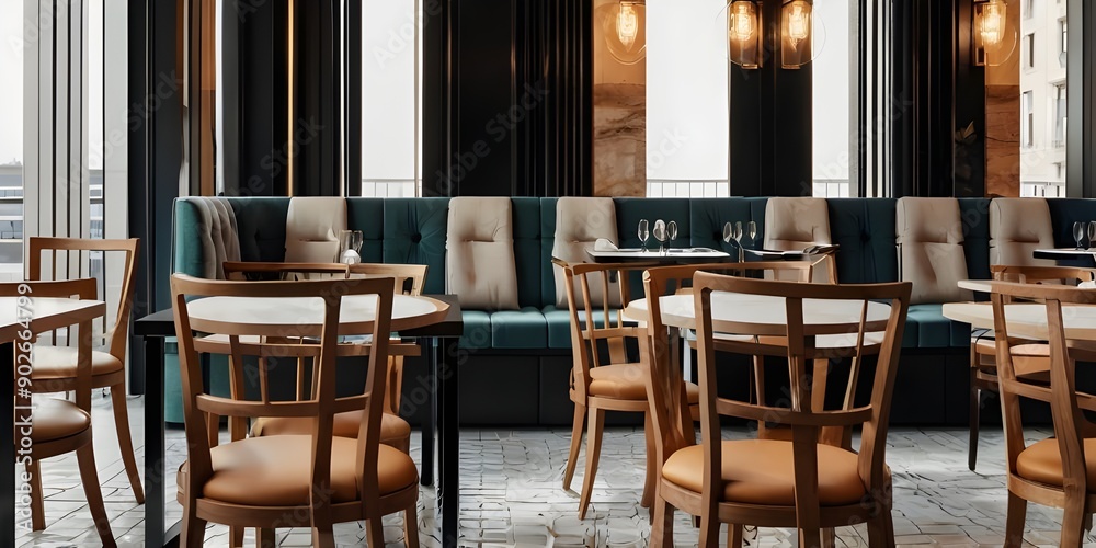 Set of modern luxury restaurant or café comfort chairs isolated on transparent background. Generative AI