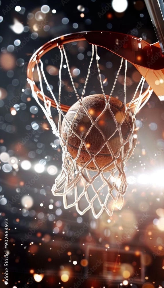 A basketball swishes through the net, with a dramatic spotlight effect. A basketball swishes through the net, with a dramatic spotlight effect.