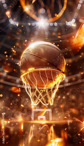 A basketball swishes through the net, sparks flying, in a dramatic and exciting moment of victory.