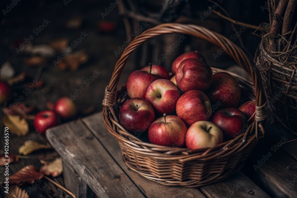 A wicker basket full of fresh fruit. Basket with red apples. Beautiful sunlight. Autumn harvest, harvesting or harvesting. A wicker basket full of fresh fruit. Basket with red apples. Beautiful sunlight. Autumn harvest, harvesting or harvesting.