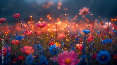 Vibrant Evening Blossom Field Under Glowing Twilight Sky With Colorful Flowers